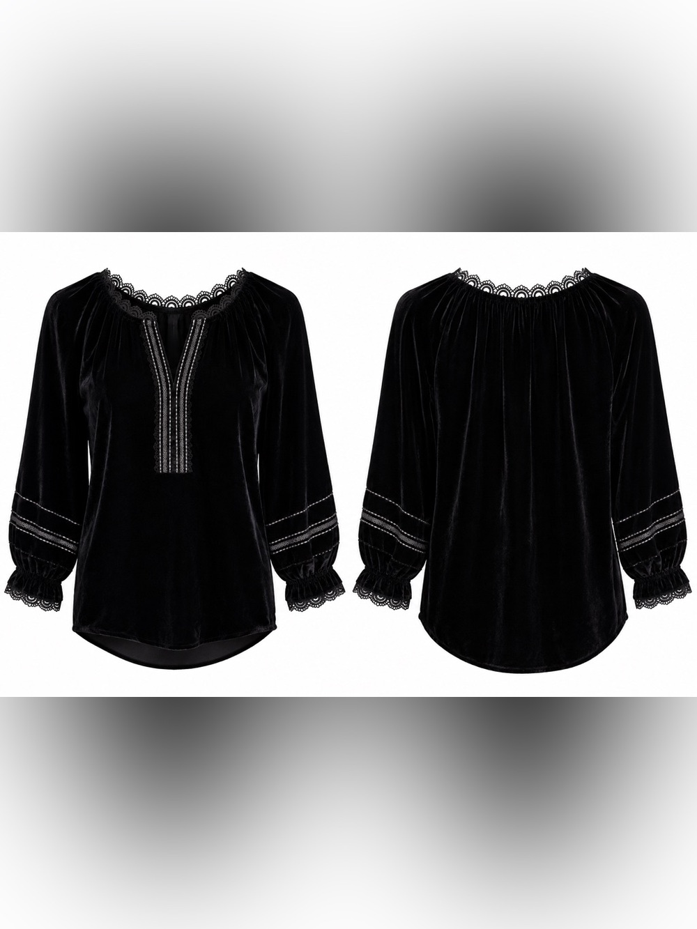 Democracy Black Velvet Lace-Trim Peasant Blouse  Size XS